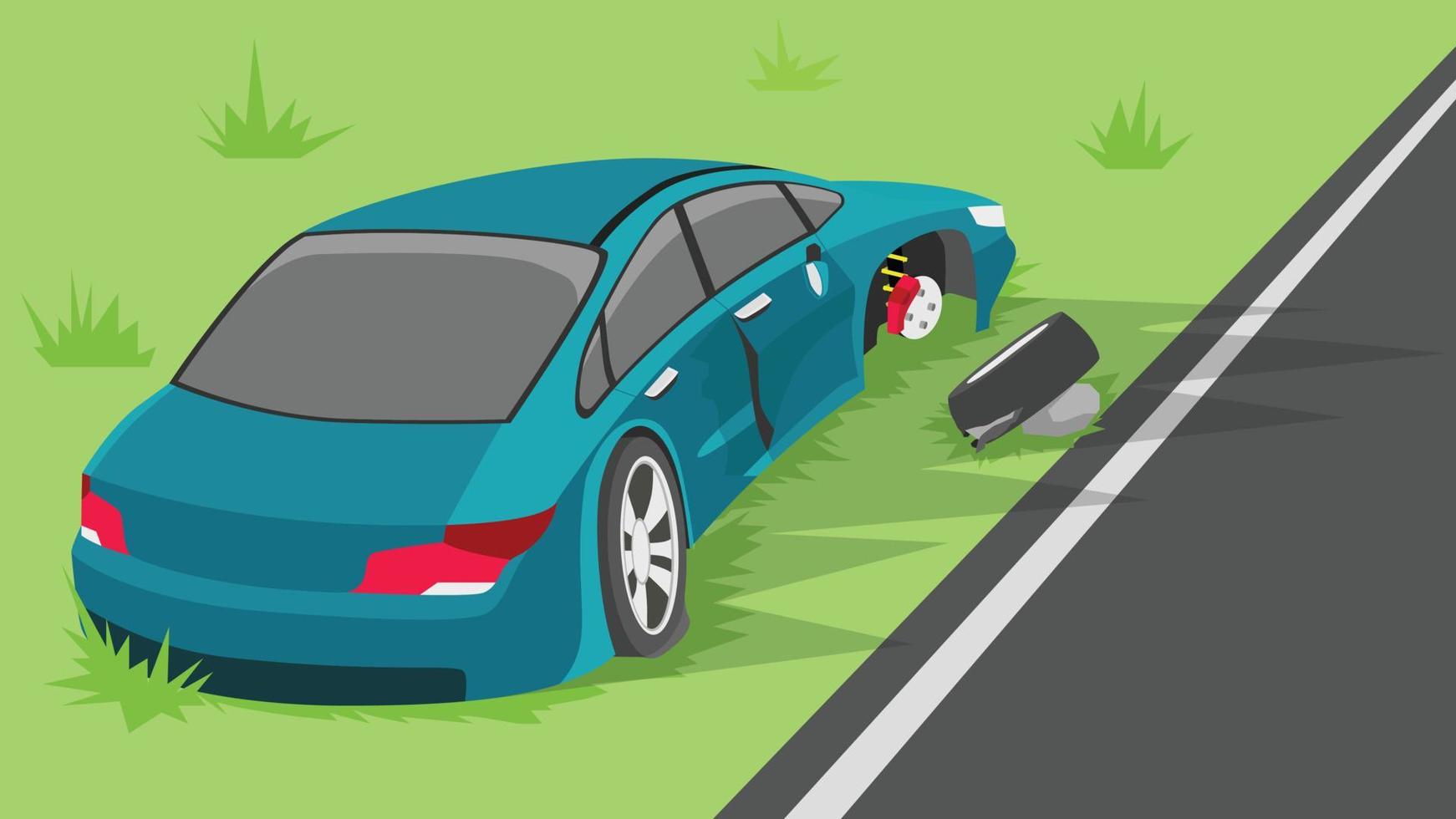 Accident on asphalt road with grass on the side. passenger car ran off the road and the side was damaged. Wheel of the car came out of the car and could not continue to drive. vector