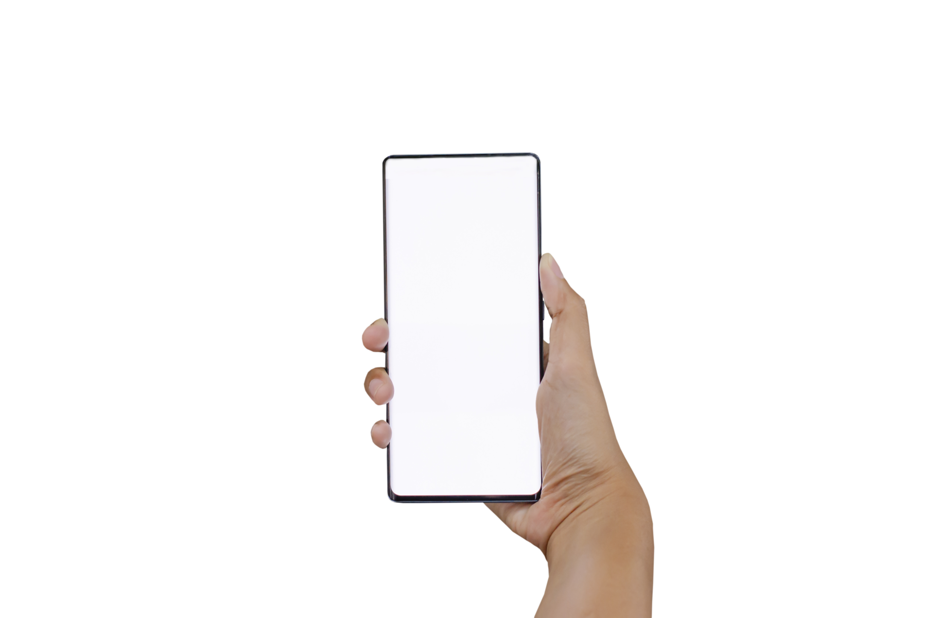 Woman holding blank smartphone with white screen on transparent
