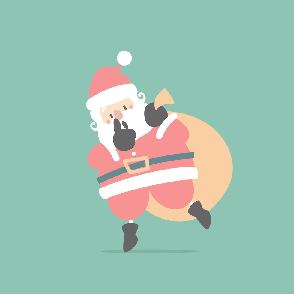 feliz navidad y feliz año nuevo con lindo santa claus y regalo presente en la temporada de invierno fondo verde, ilustración vectorial plana diseño de vestuario de personaje de dibujos animados vector