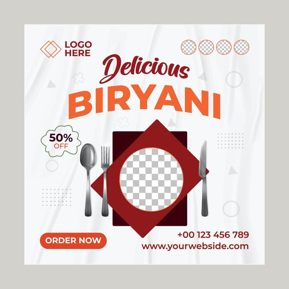 Delicious Biryani- social media post template. Suitable for social media posts and web or internet ads. Vector illustration with Photo College.