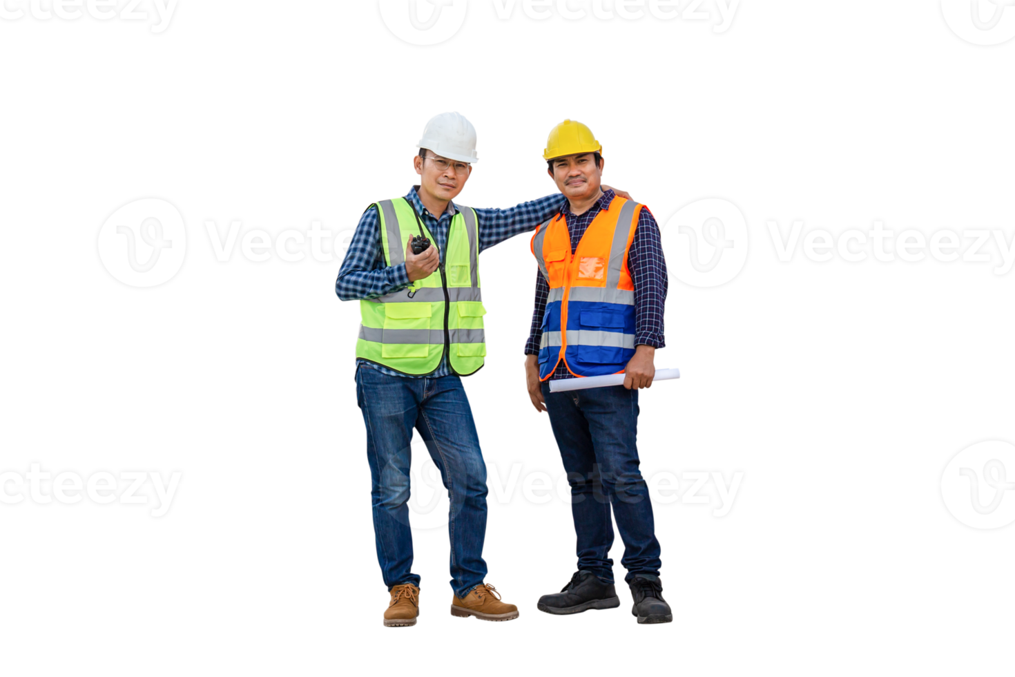 Engineer and foreman worker checking project at building site, Engineer and builders in hardhats discussing on construction site png