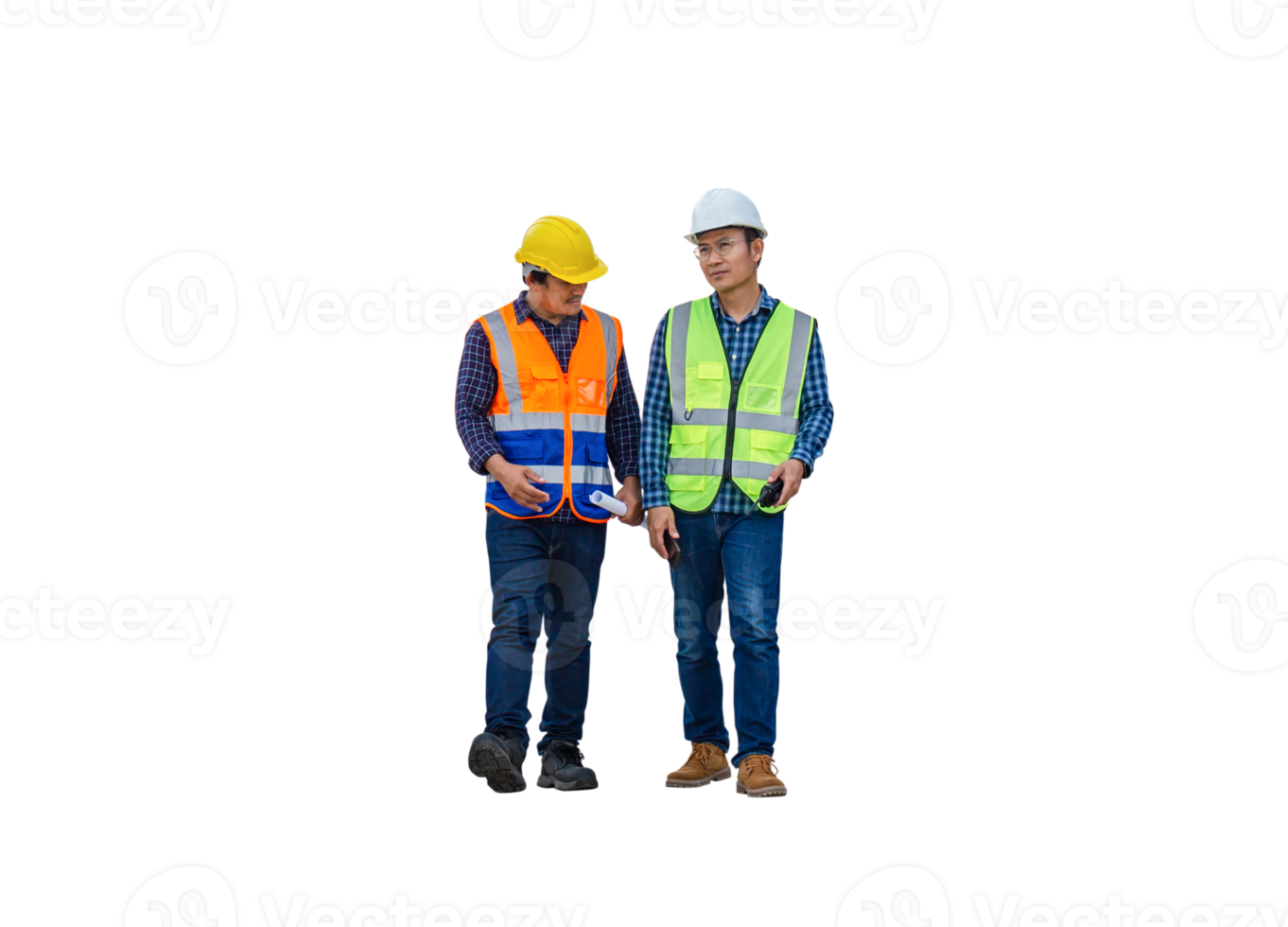 Engineer and foreman worker checking project at building site, Engineer and builders in hardhats discussing on construction site png