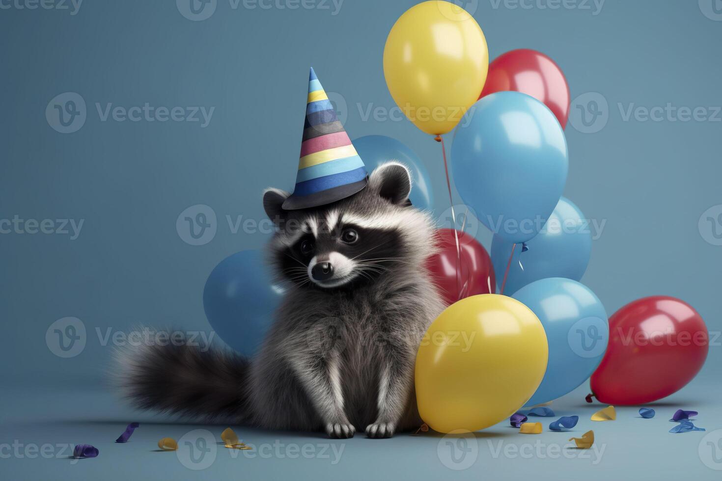 Raccoon in birthday hat with balloons. . photo