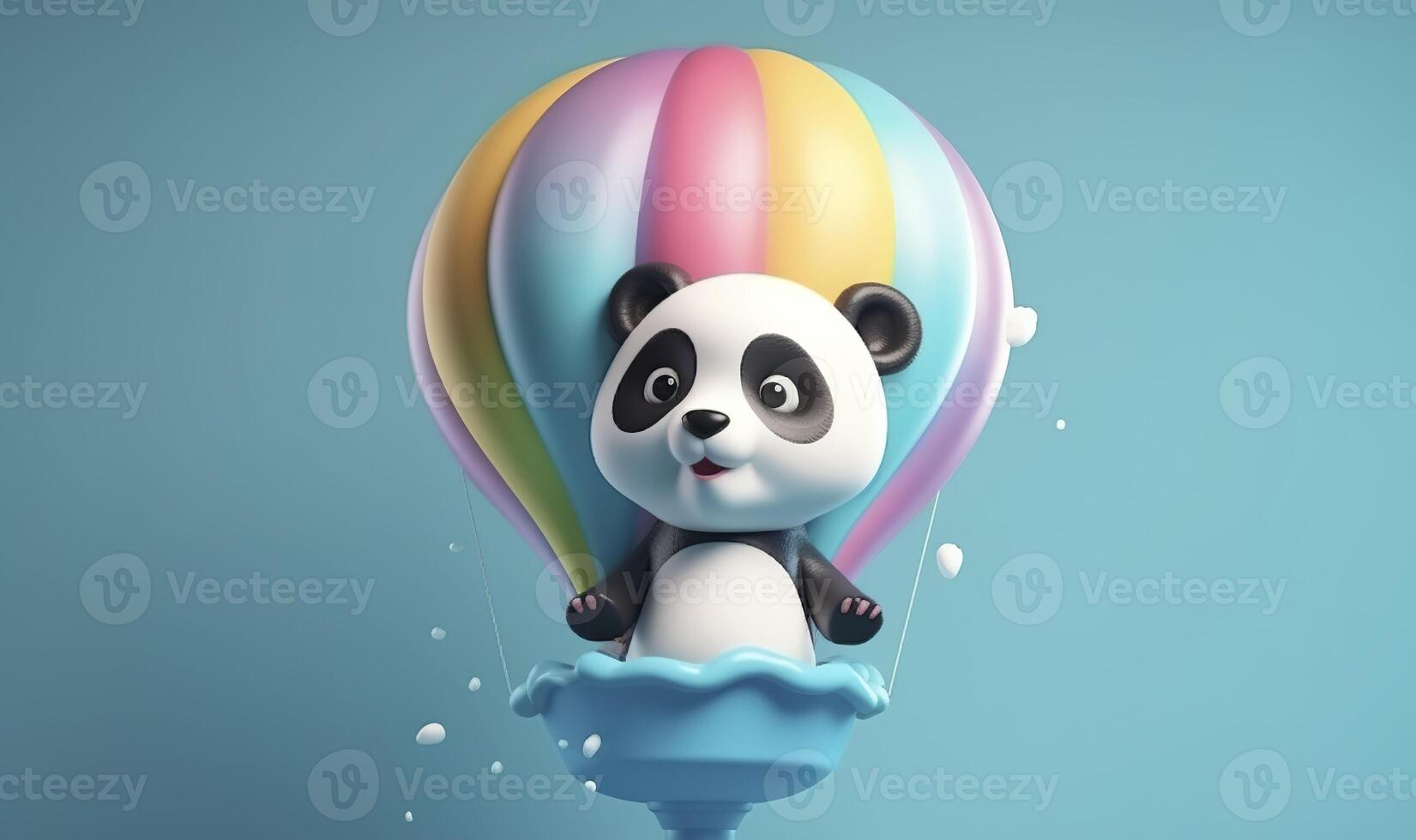 The panda is flying in a hot air balloon. . photo