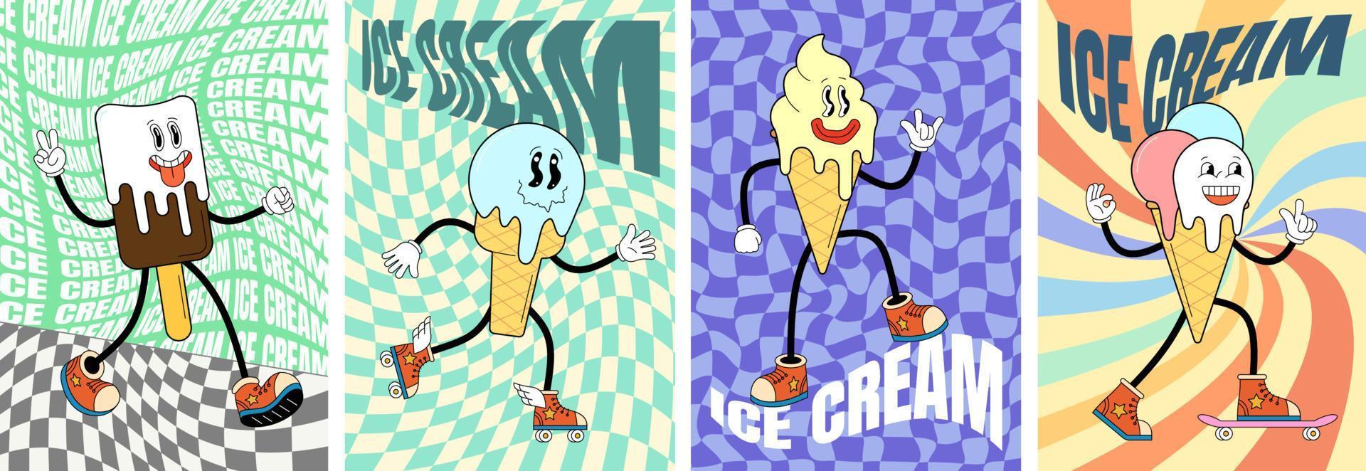 Chill vintage ice cream cone characters on funky artwork print. Trippy sweet treat mascots on poster set. Groovy hippie style dessert on vibrant multicolor backdrops. Stylish millennium vector banners