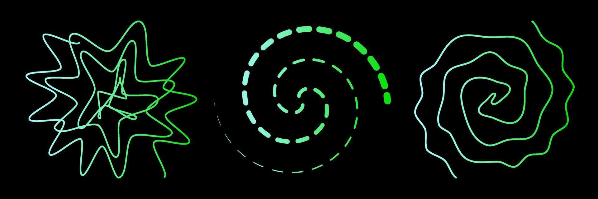 Set of abstract neon twirls and spirals. Vector illustration of lines twisted in circle. Drawing of acid signs of round dotted swirl and wavy whirls.