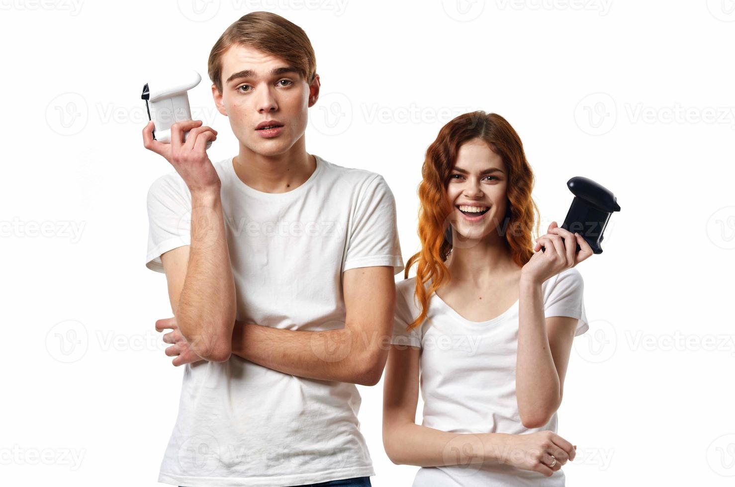 funny man and woman with joysticks in hands video games hobbies friendship photo