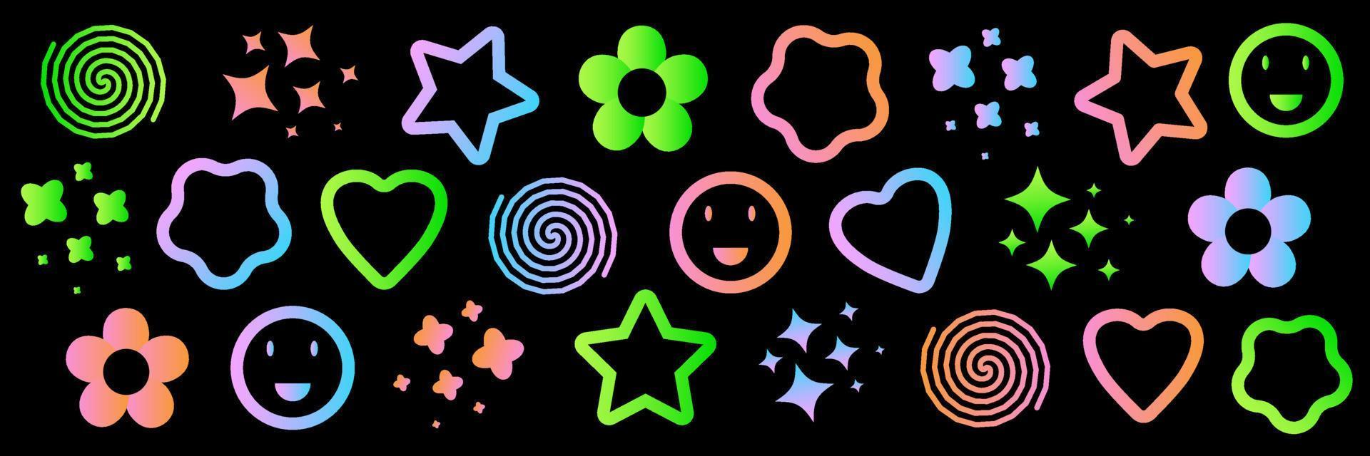 Neon and acid retro elements. Vector illustration. Trendy gradient colors, 90s and y2k style. Cute and beautiful stars, flowers and hearts.