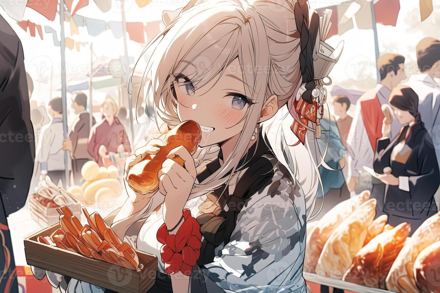 linda rubio anime niña en un tradicional Japón ropa comiendo calle comida a festival. generado ai. foto