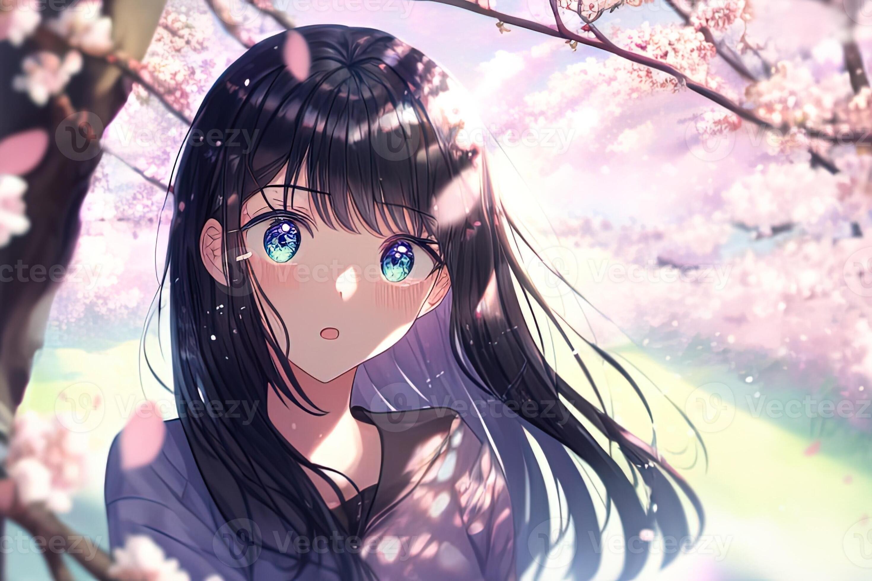 Cute anime girl with long messy black hair and blue-purple eyes on