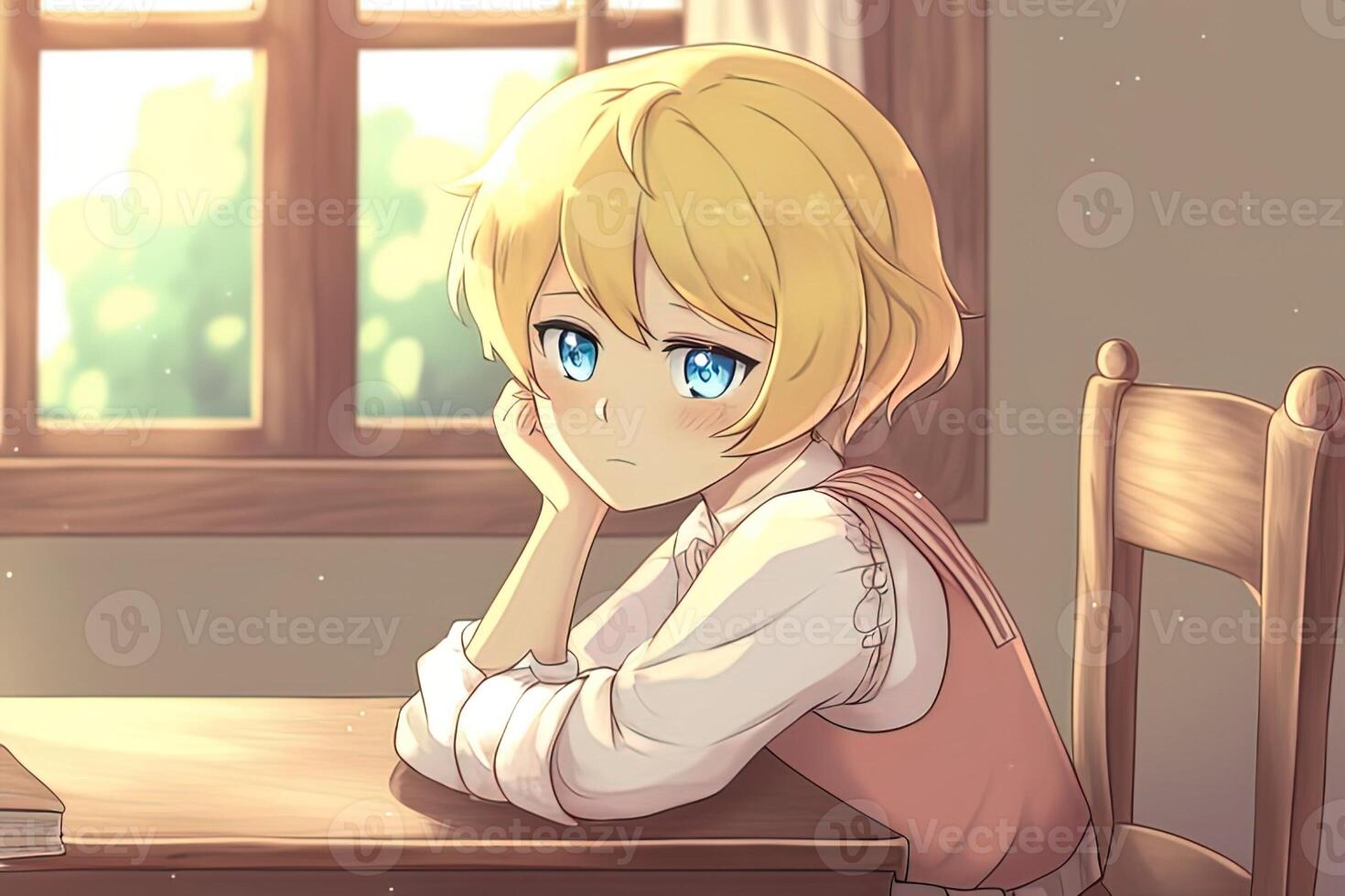 A cute pensive blonde anime girl sits by the window with her head propped up in her hand. . photo