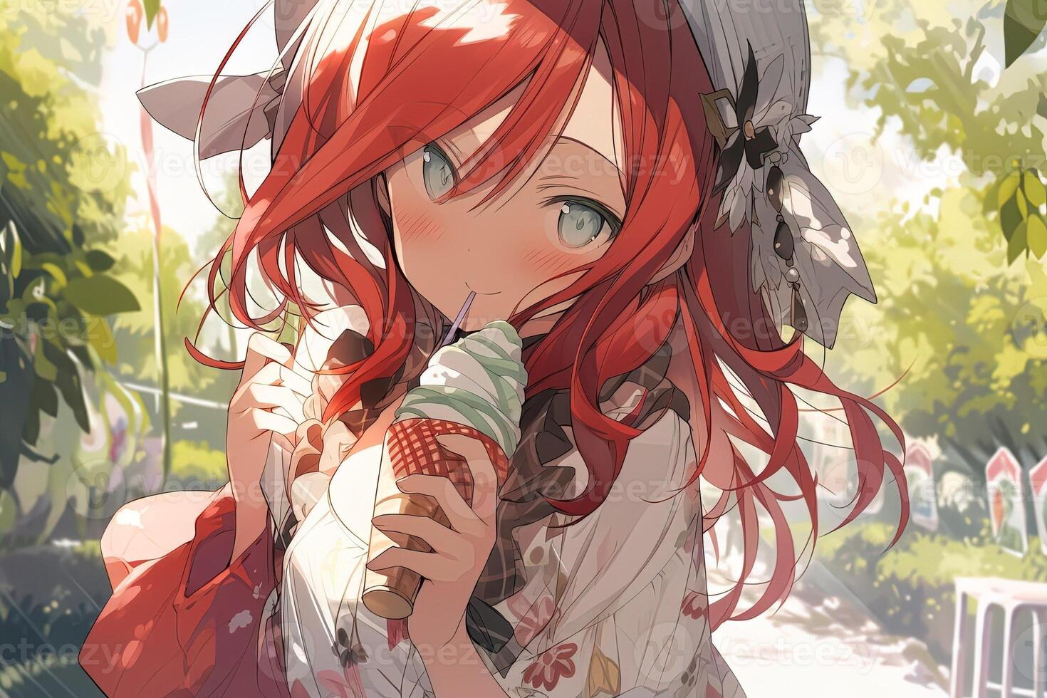 Cute redhead anime girl eating an ice cream in a park. . photo