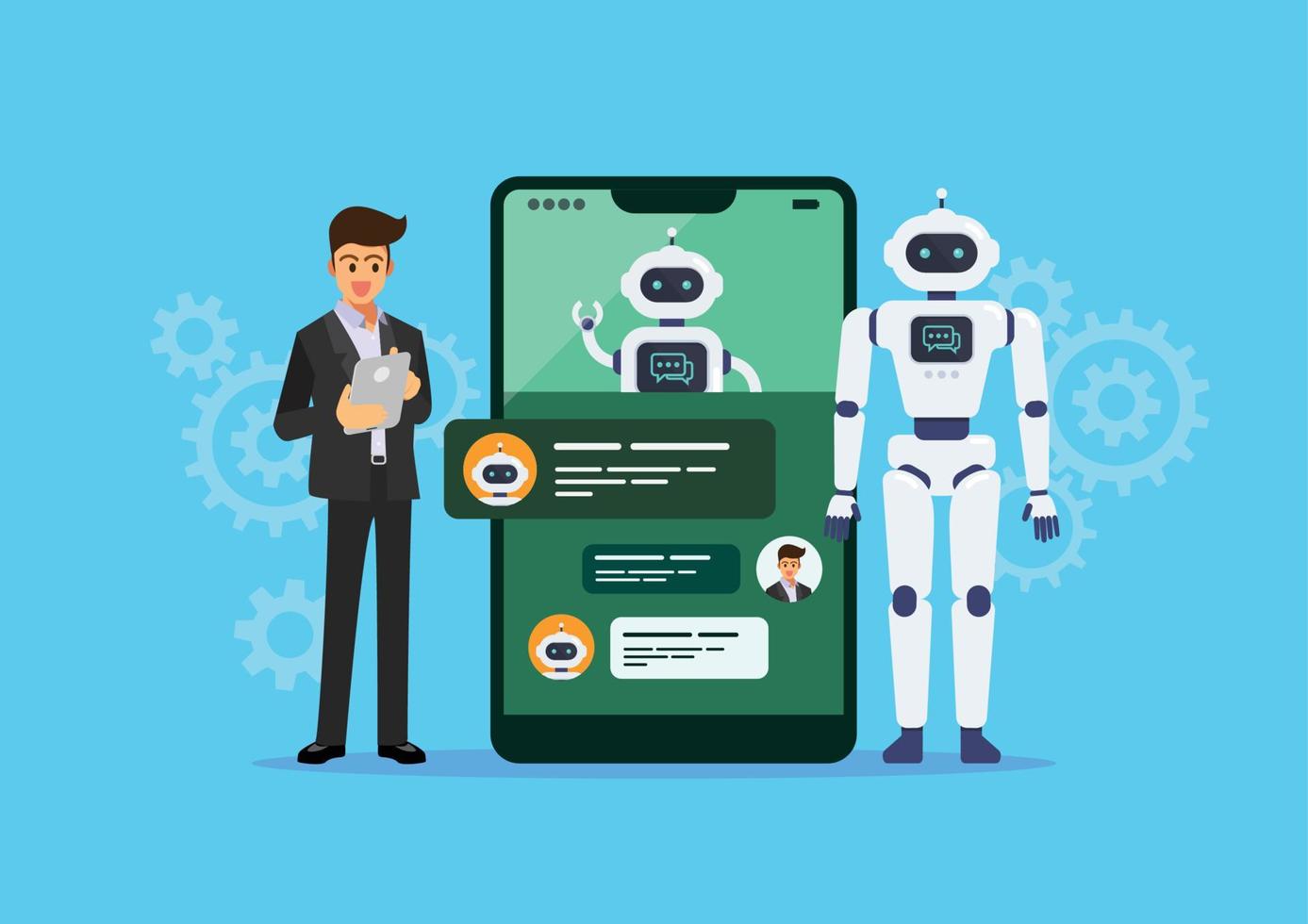 Businessman is talking or chatting with chat bot vector