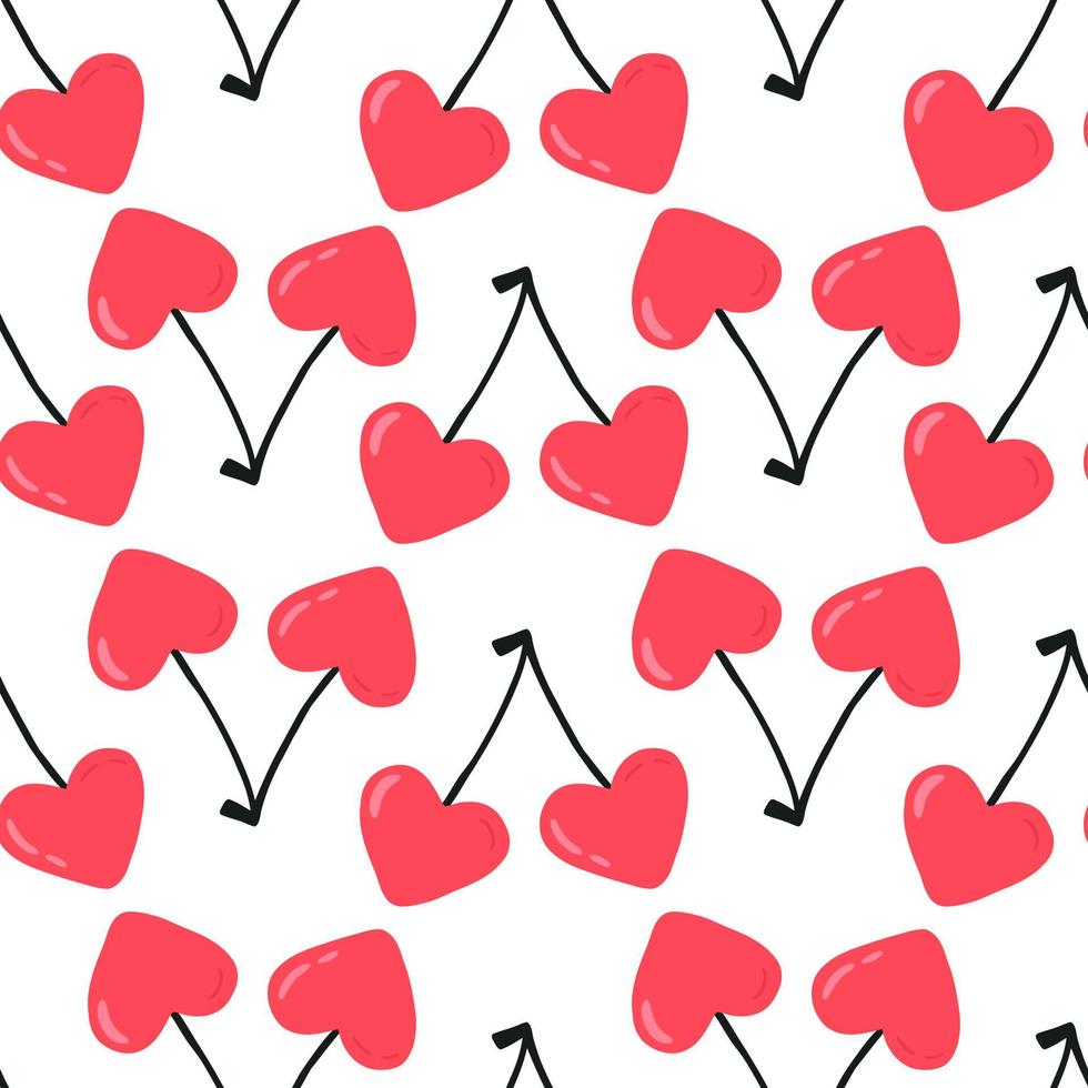 Hand drawn cherries in shape of heart, flat seamless pattern on white background. Valentine's day holiday. Great for wrapping paper. Sweet fruit background. vector