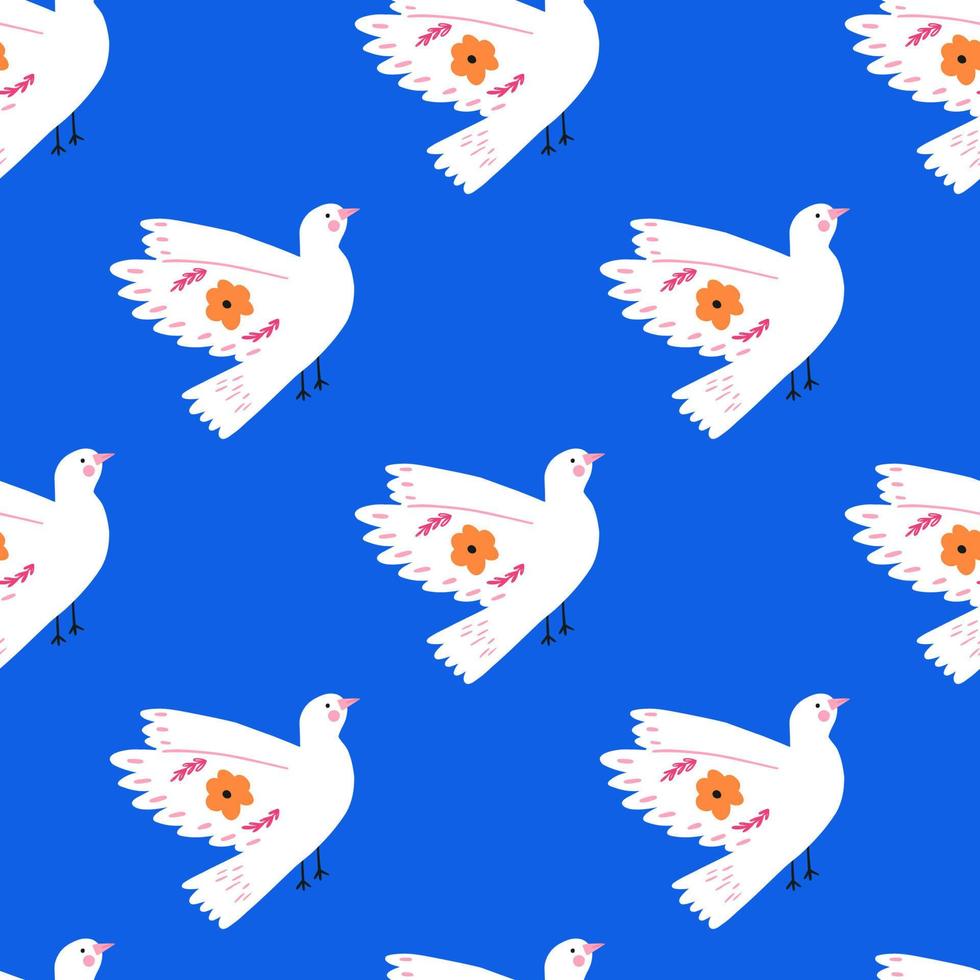 Flying white dove with flowers on wing, hand drawn seamless pattern, flat vector illustration on blue background. Bird flies up. Concepts of love and peace.