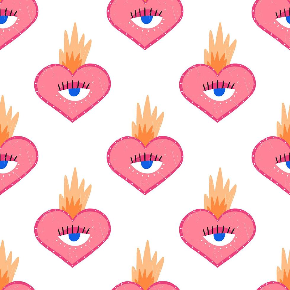 Funky heart with flame and one eye, Valentine's day seamless pattern - flat vector illustration on white background. Quirky love pattern. Hand drawn funny heart drawing.