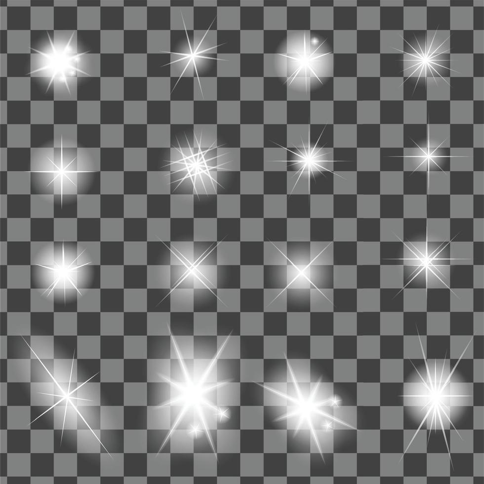 Set of Glowing Light Stars with Sparkles Vector Illustration