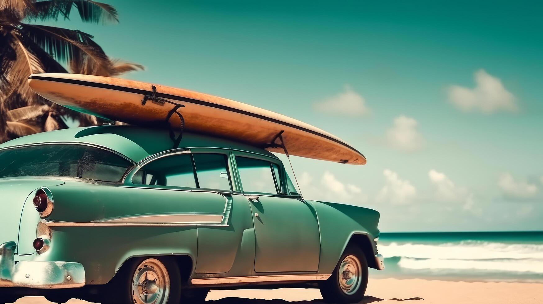 Old car with surf board. Illustration photo