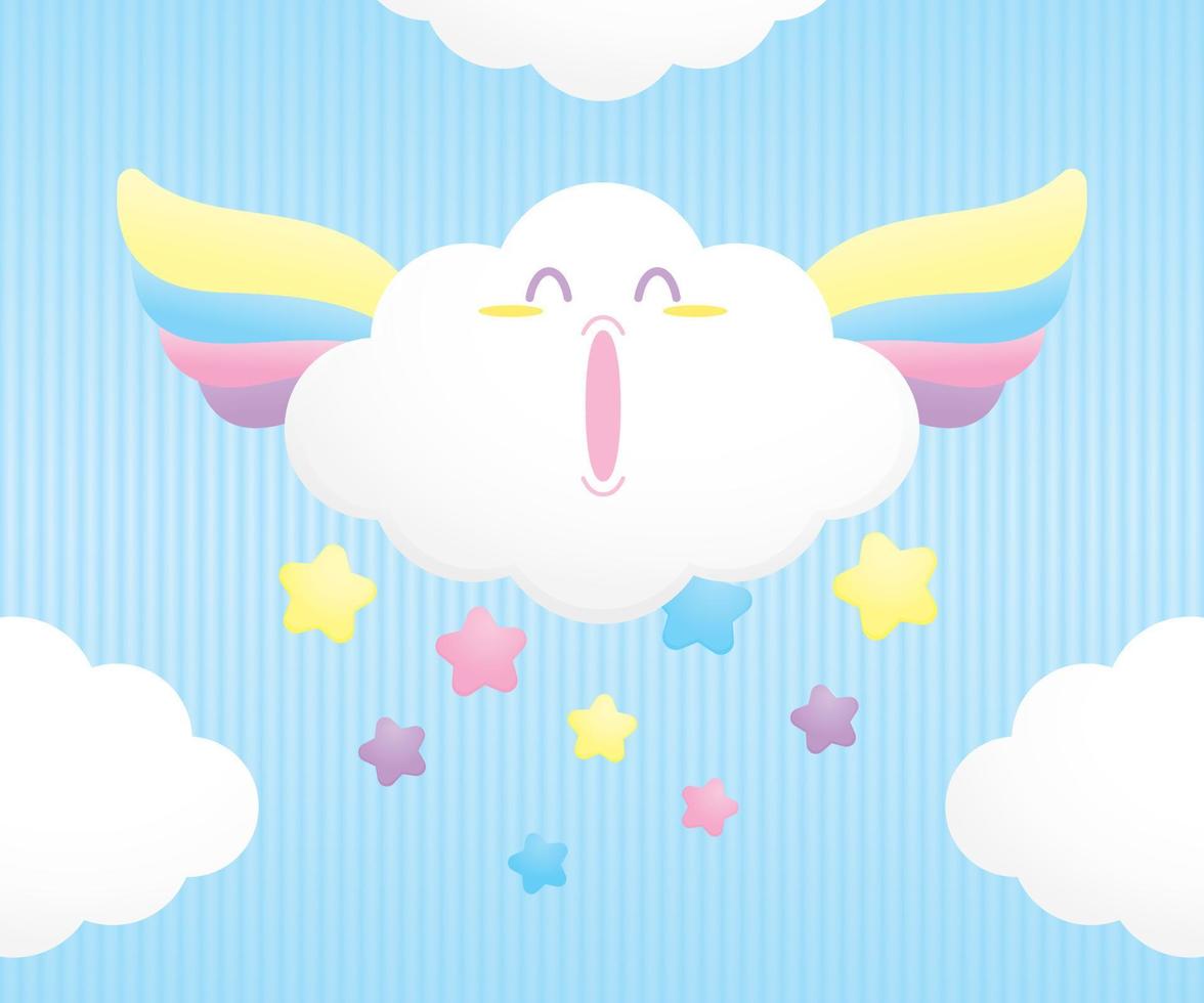 linda kawaii nube con vistoso pastel alas y estrellas ilustración vector