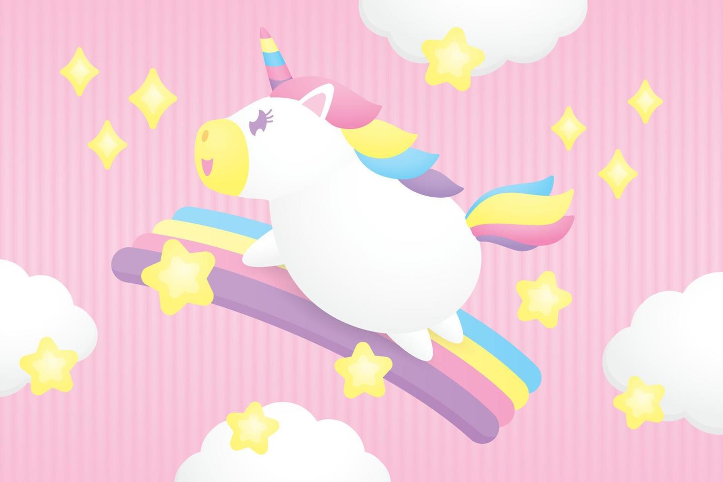 linda kawaii unicornio es corriendo en vistoso arco iris con nube y estrellas gráfico elemento en dulce pastel rosado antecedentes ilustración vector