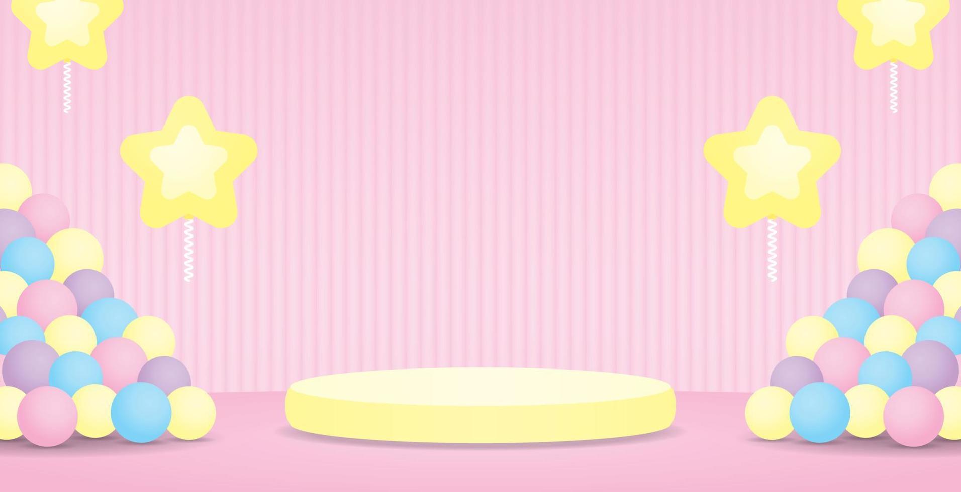 cute kawaii yellow podium display stand with colorful balls and flying star balloons on sweet pastel pink wall and floor background 3d illustration vector for putting object or product