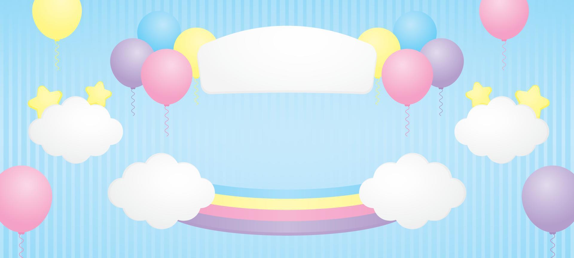 dulce pastel vistoso arco iris puente para poniendo objeto con linda blanco letrero y kawaii nube y globos en azul antecedentes ilustración vector