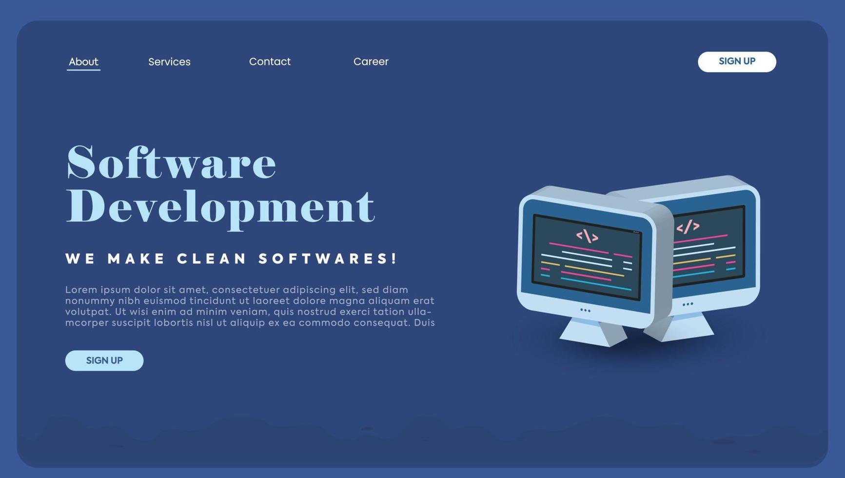 Software development. Software development webpage. Software development company. Webpage template. Development of software and programming. Program code on monitor. vector