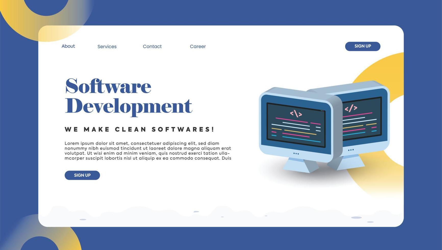 Software development service landing page ui for company with monitors. Software development webpage design. Coding company services. vector