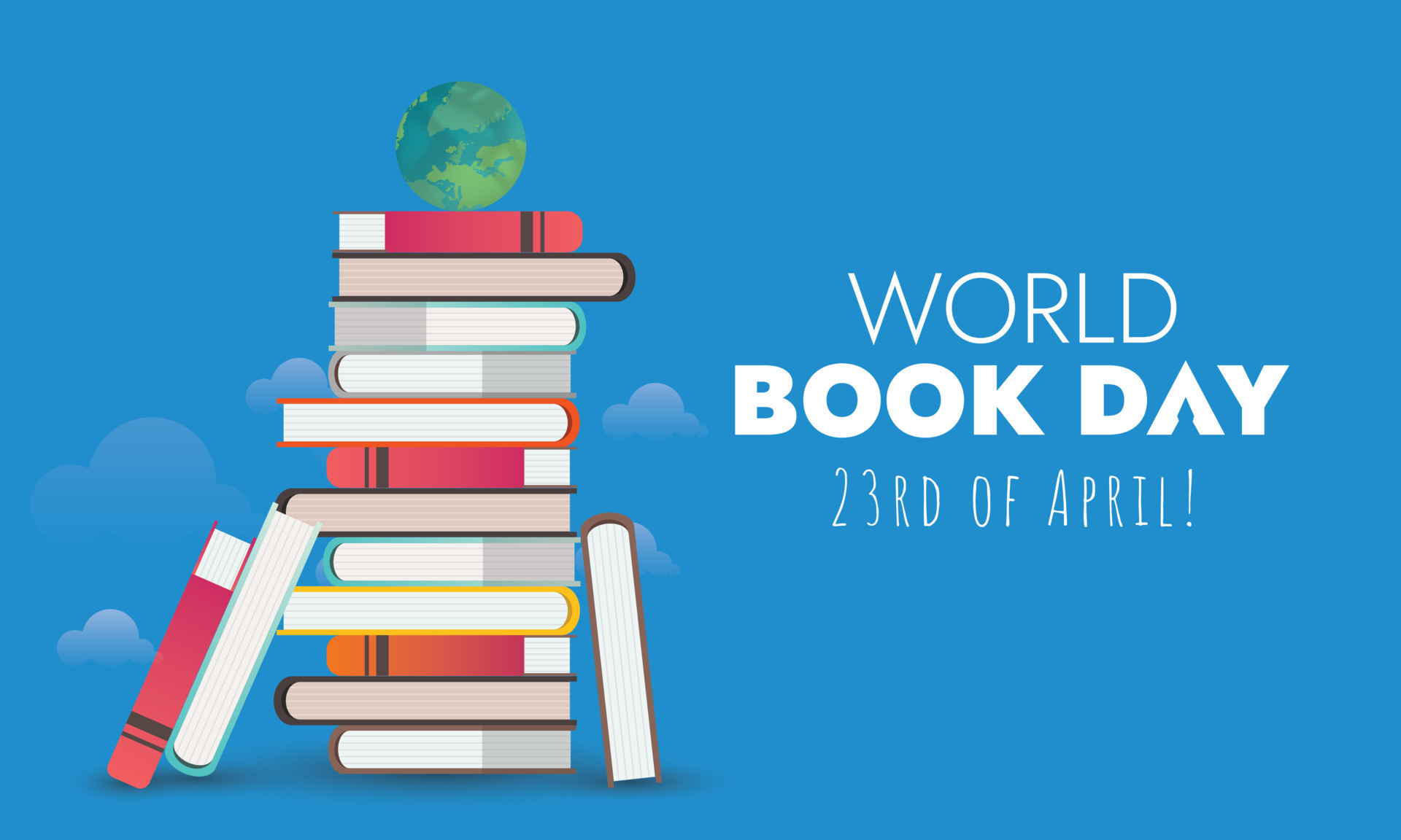 World book day. World book day celebration post with huge pile of colorful books and earth globe