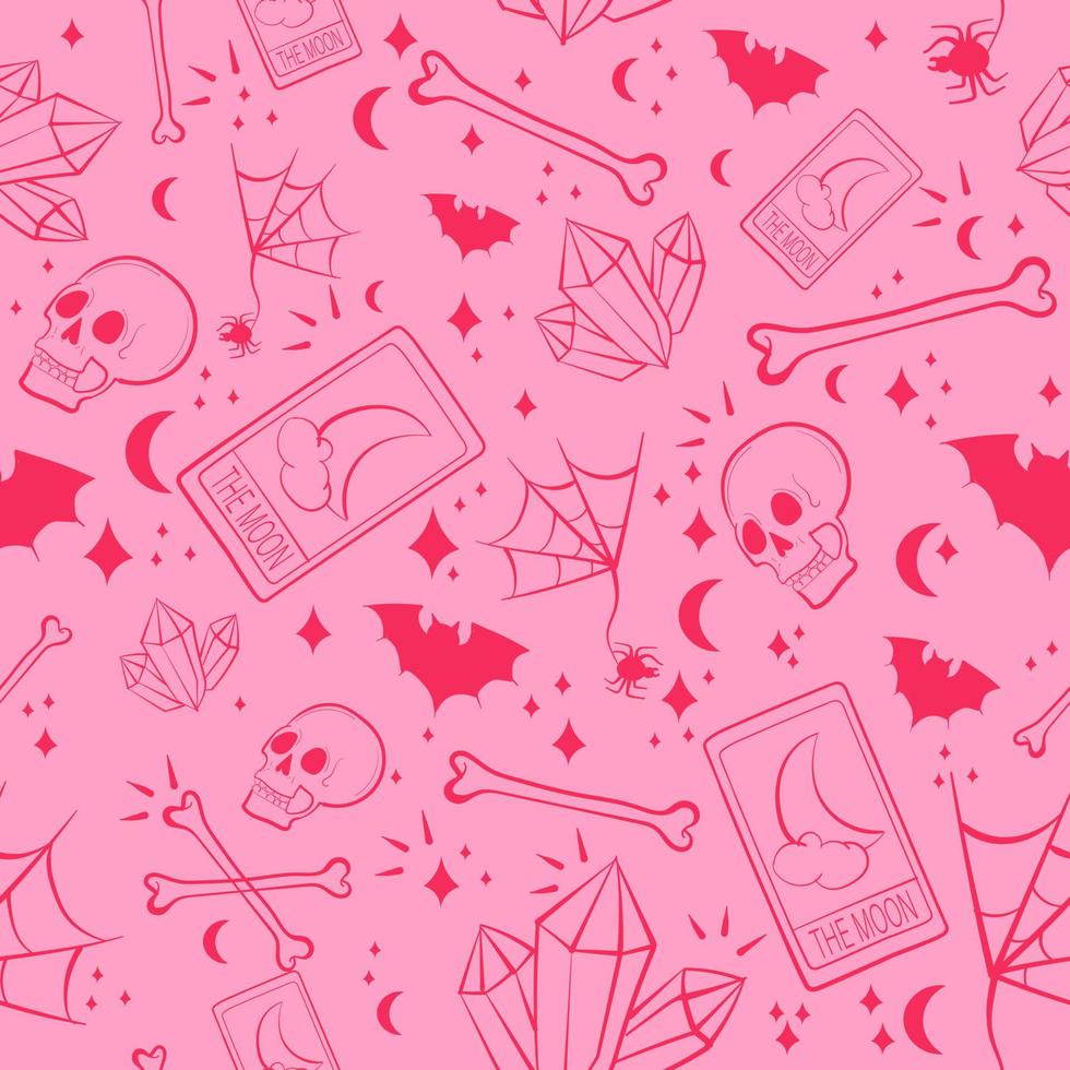 Pink occult seamless pattern with skulls, bones, bats, gems and tarot cards. Pastel goth background with wiccan and spiritual elements. vector