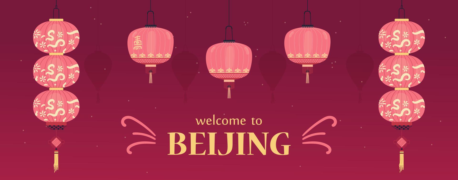 Welcome to Beijing vector banner with traditional chinese lanterns. Text prosperity.