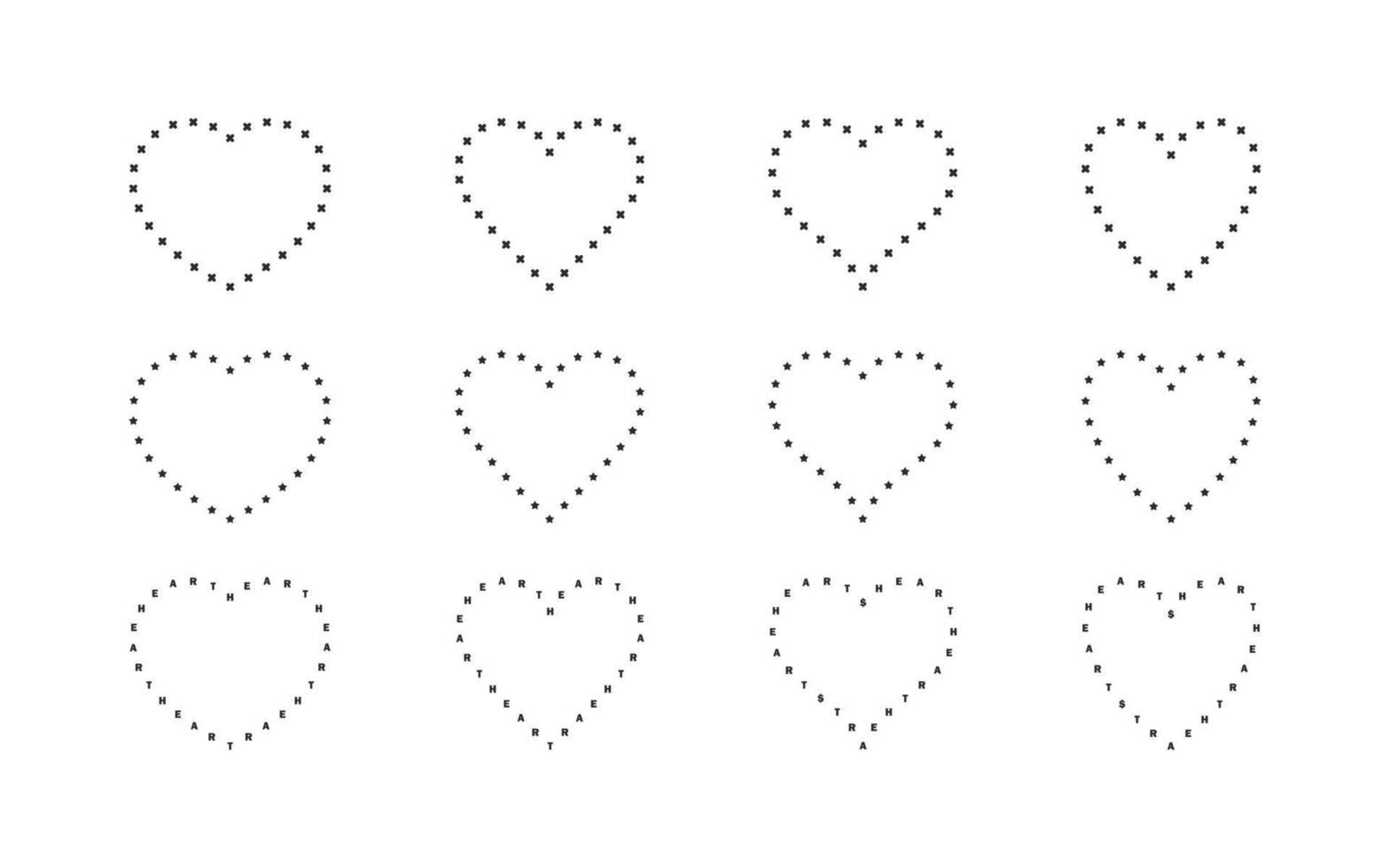 Heart icons. Hearts made up of dots and letters. Hearts of various shapes. Vector scalable graphics