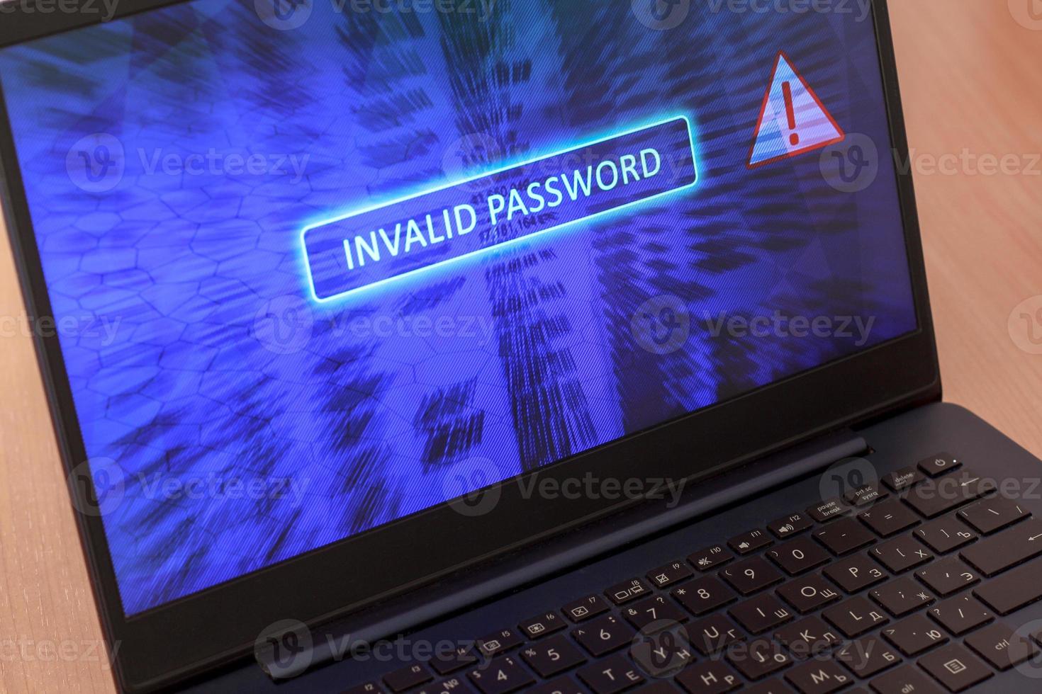 Computer screen concept with password entry error. Invalid password on blue background. Red warning triangular icon. Horizontal. photo