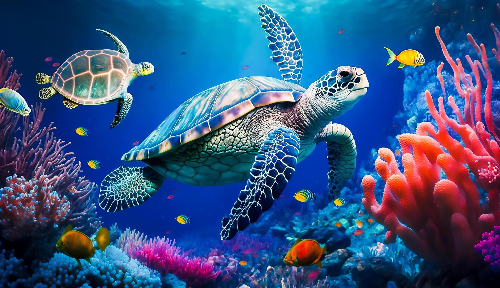 Colorful tropical fish and turtle life in the coral reef, animals of the underwater sea world, photo