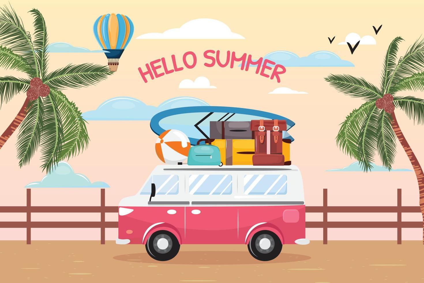 Banner with a summer illustration. Minivan driving on the street and tropical palms on the background. vector