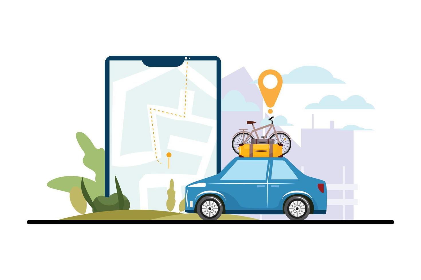 Big cellphone with a map and destination and city on the background. Car next to it. Travel concept illustration. vector