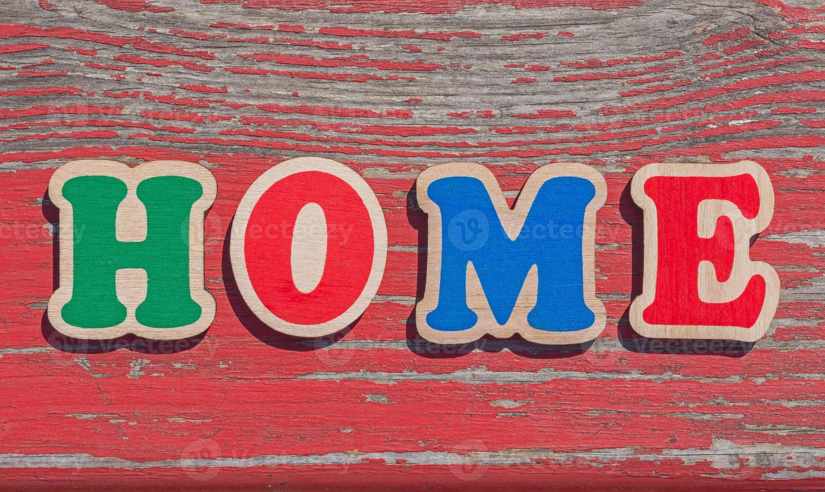 word home made of wooden letters on old wooden board photo