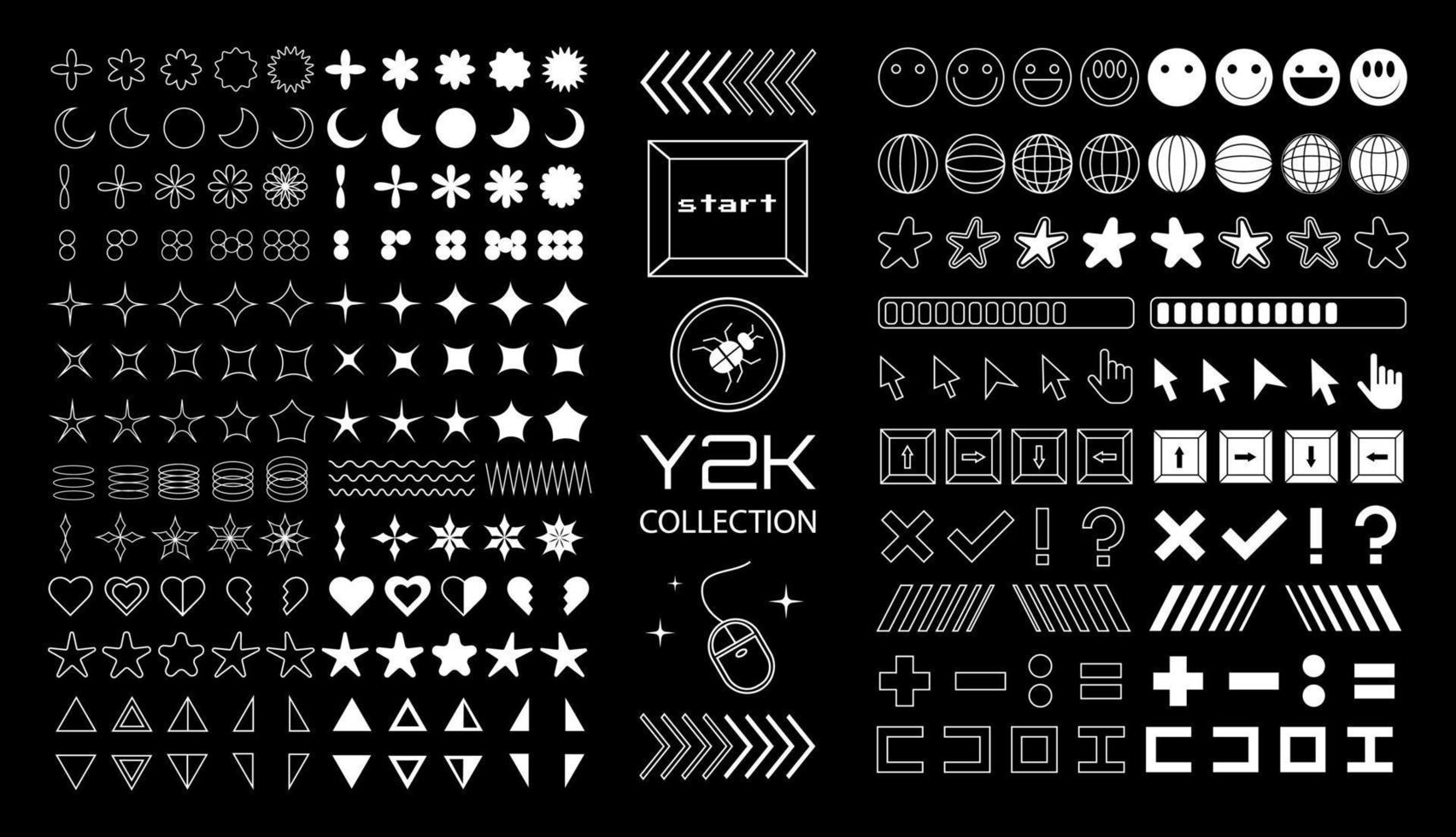 Y2K big collection of vector symbols and icons, 2000s generation set, retro mania symbols.