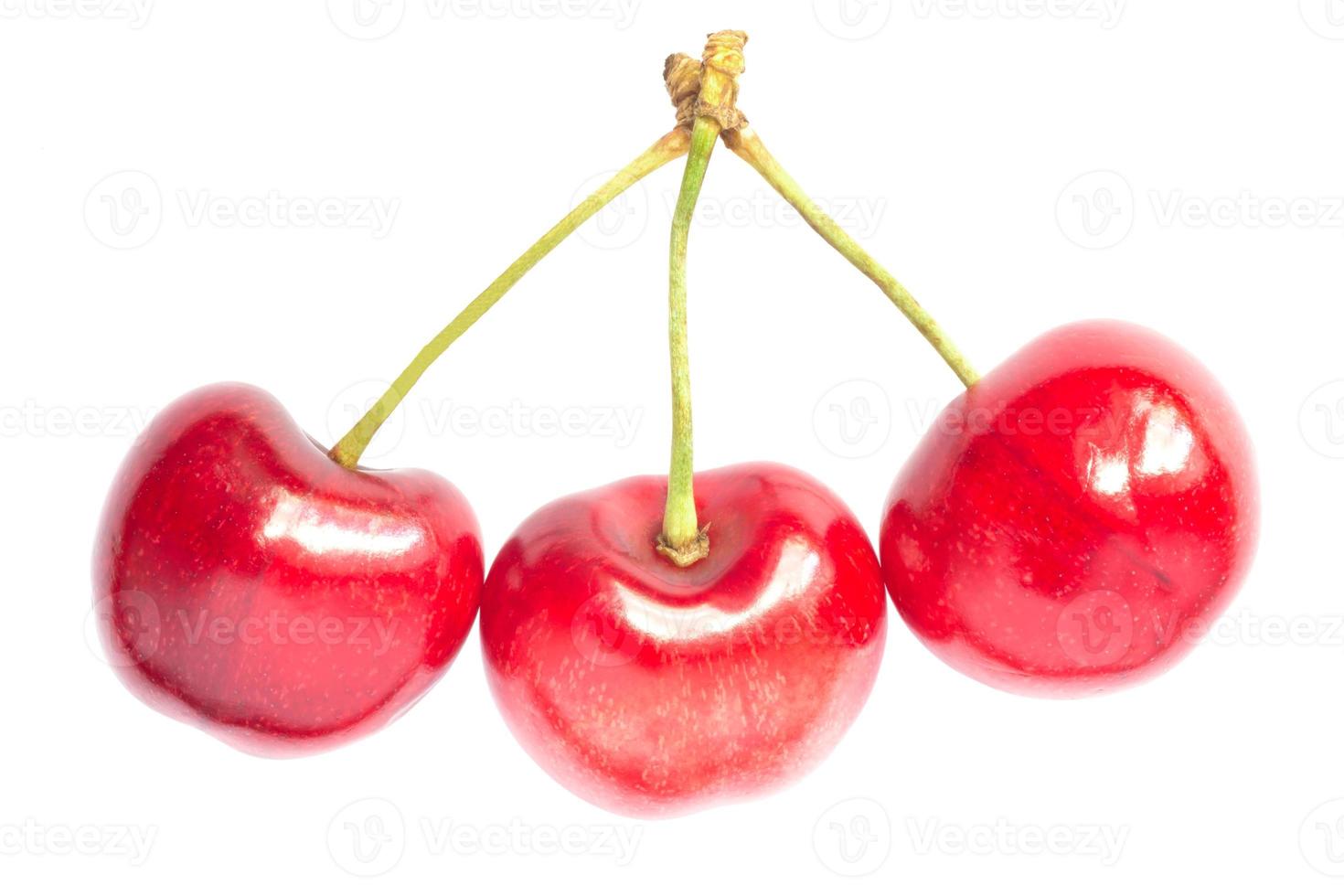 three red ripe cherries isolated on white photo