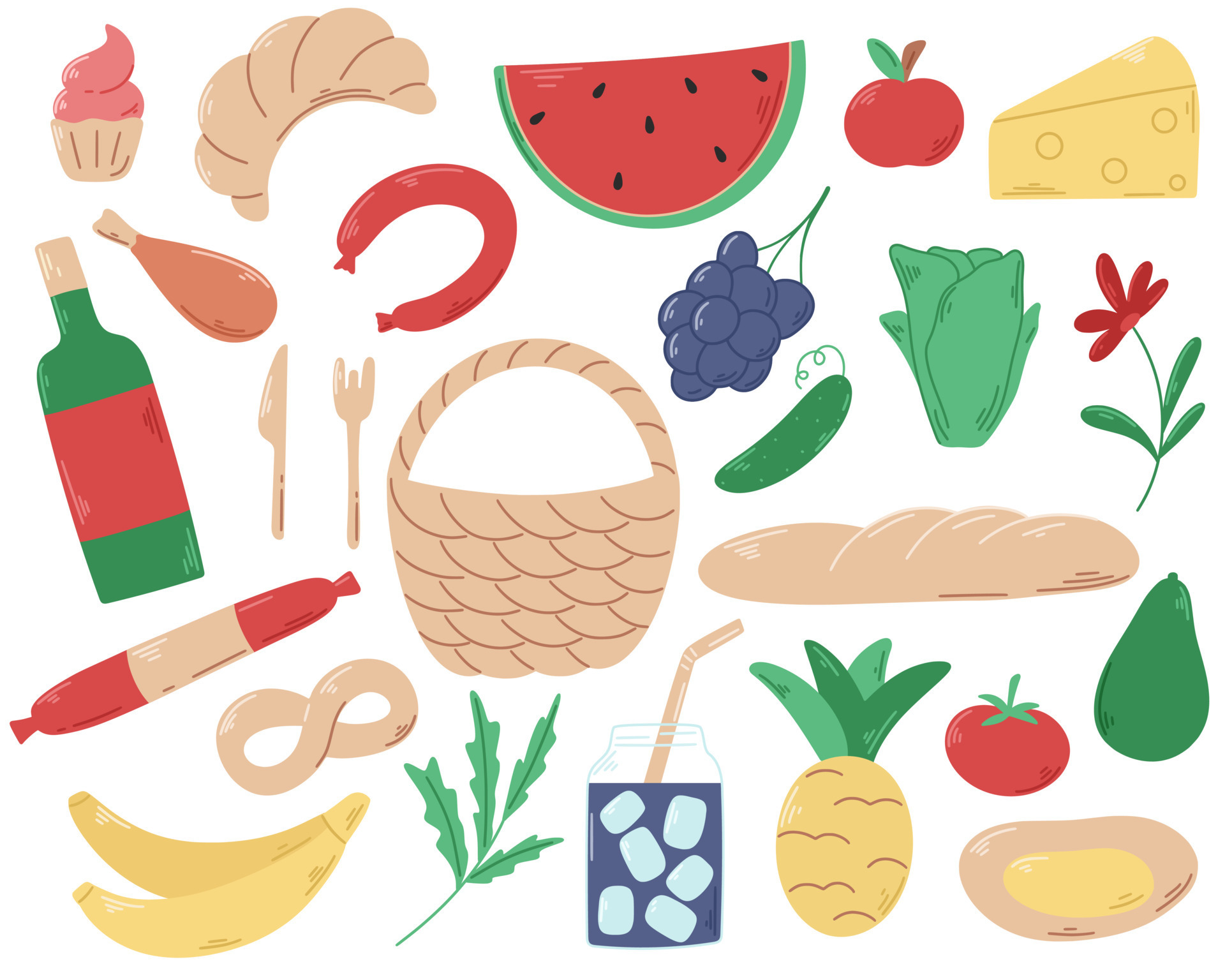 Hand drawn picnic food set 22387586 Vector Art at Vecteezy