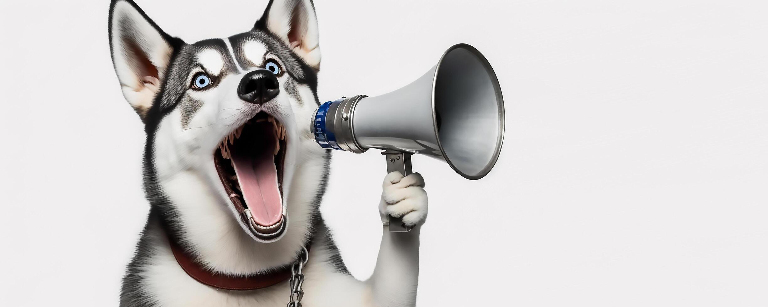 Funny cute dog, Siberian Husky holds a loudspeaker in its shouting and announcing on white background, photo