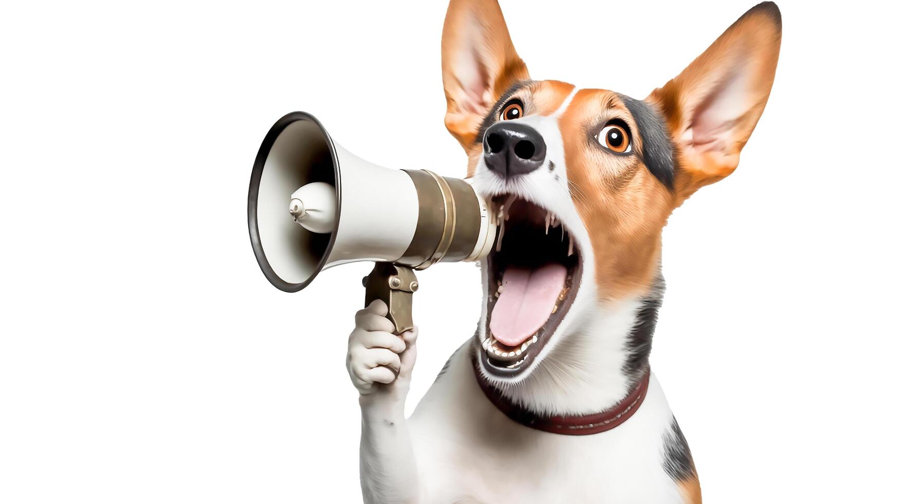 gracioso linda perro sostiene un altoparlante en sus gritos y anunciando en un blanco fondo, ai generativo foto