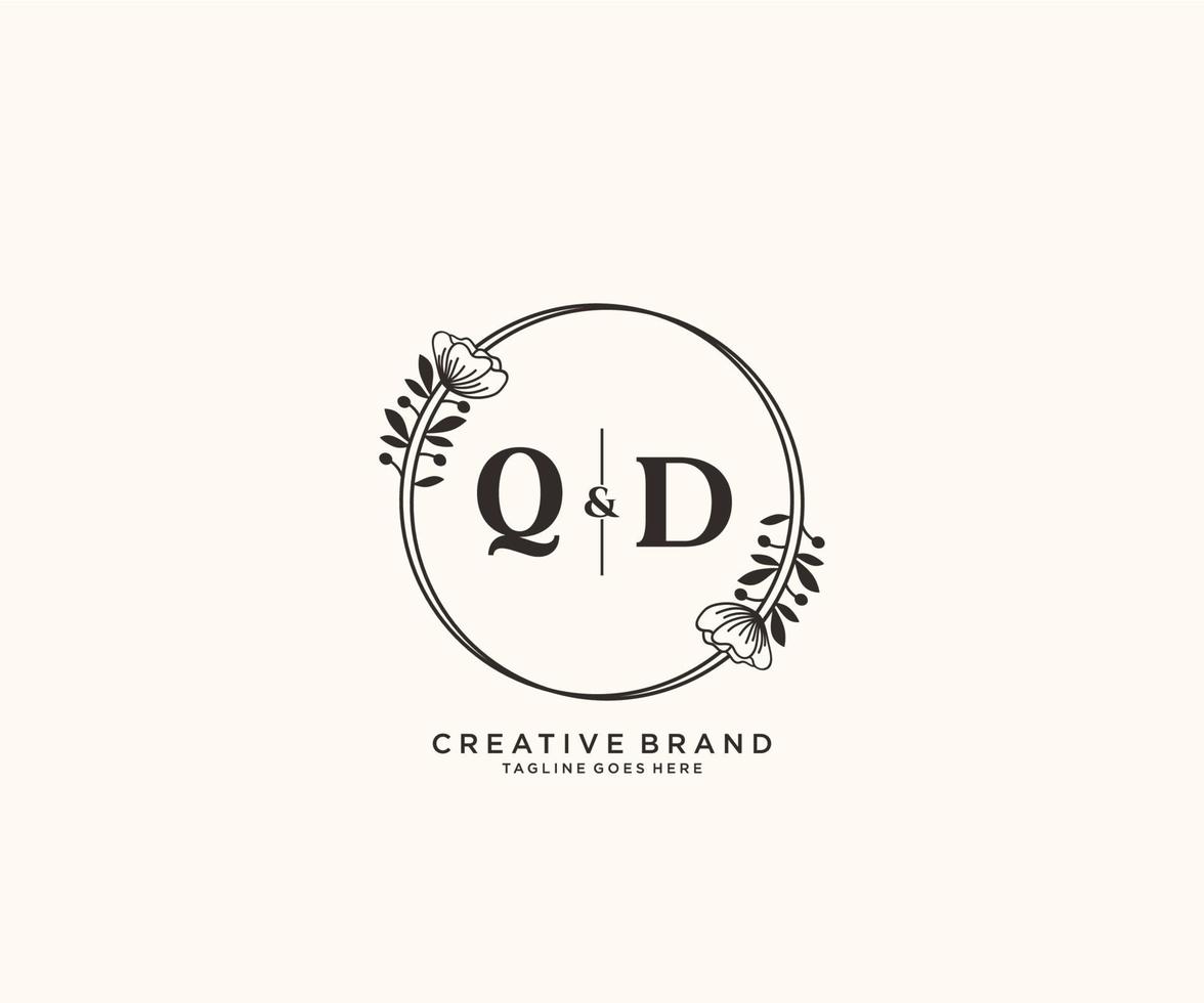 initial QD letters hand drawn feminine and floral botanical logo suitable for spa salon skin hair beauty boutique and cosmetic company. vector