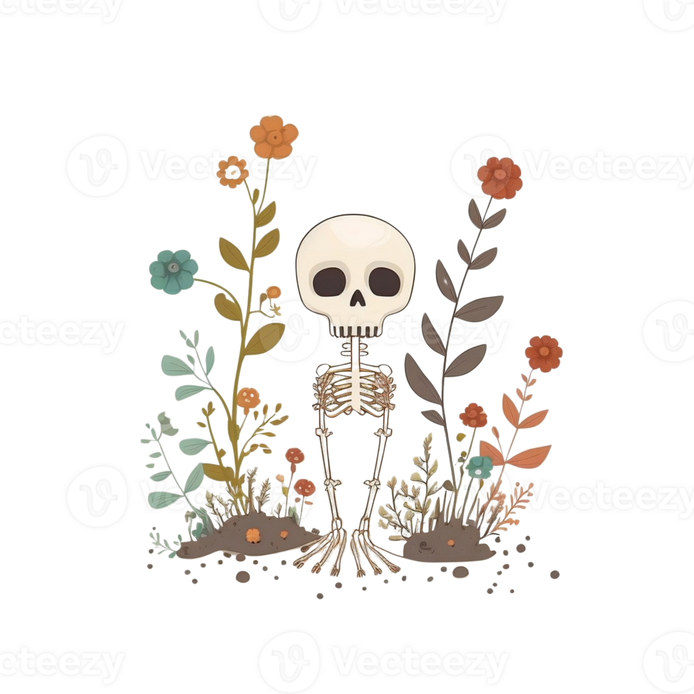 illustration av skelett och botanisk, ben, blommor. ai genererad png