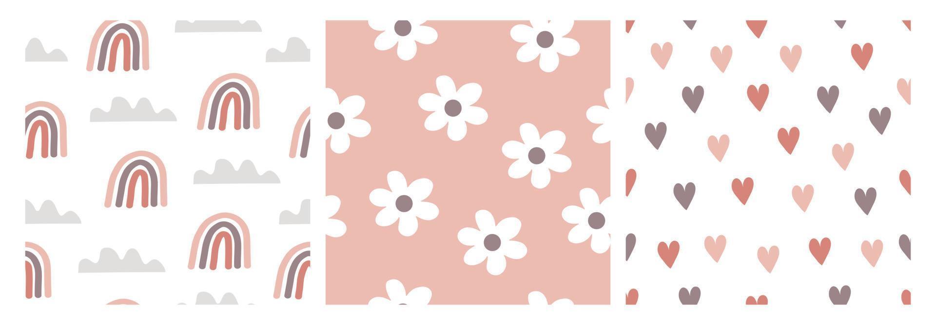 Cute vector seamless children's patterns for printing on paper, fabric, clothes, wrapping paper. Hand drawn hearts, clouds, flowers and rainbow. Funny infantile style geometric design.