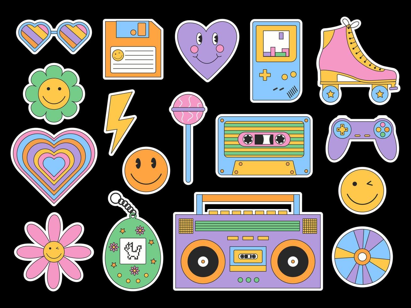 Vector set of cute 80s, 90s nostalgic stickers on white background