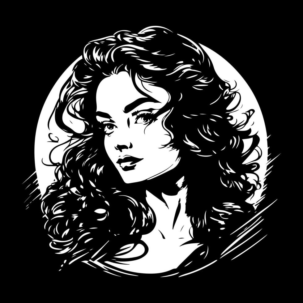 elegante negro y blanco retrato de un hermosa mujer con Rizado cabello. ideal para belleza, pelo cuidado, y cosmético marca vector