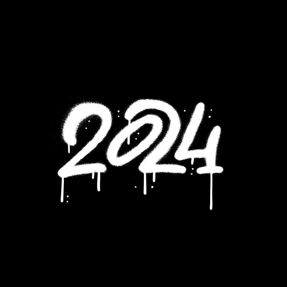 Sprayed 2024 year tag in urban graffiti style with overspray in white over black. Vector textured illustration.