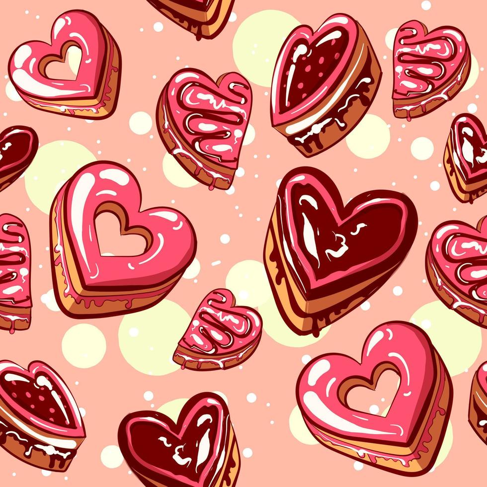 Pink and brown chocolate and strawberry frosting cookies. Seamless pattern with heart shaped cakes for Valentine's day. vector