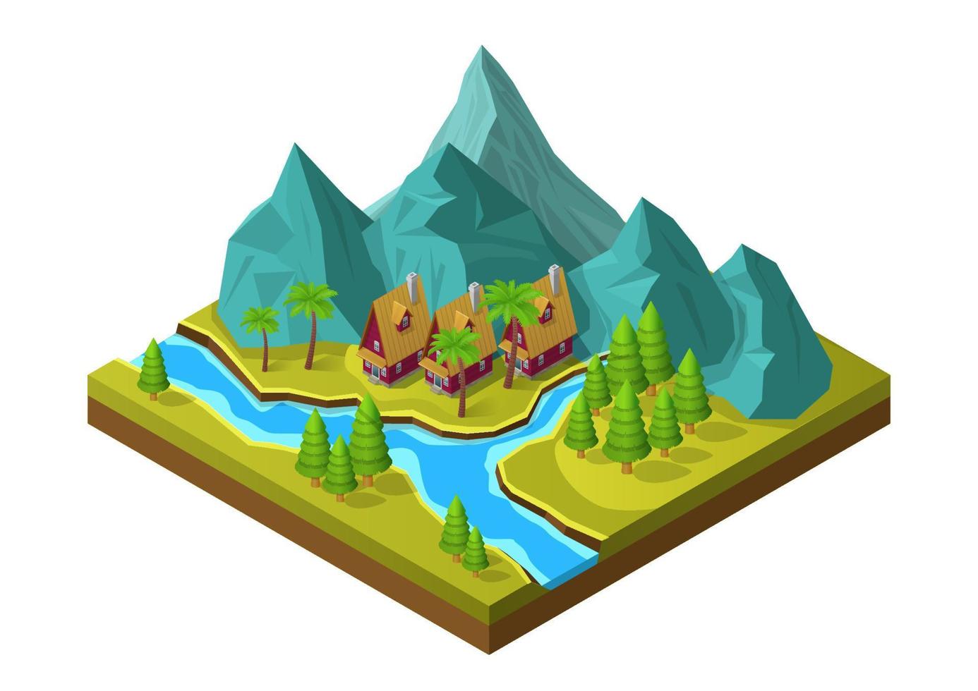 isometric mountain with river vector